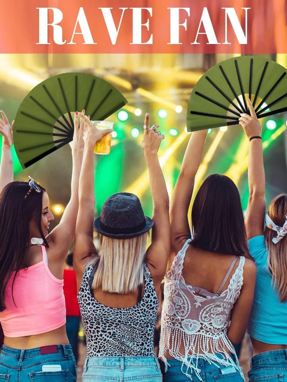2 Pack Foldable Fans for Rave Dancing,Green,Simple Pattern - Picture 6 of 7